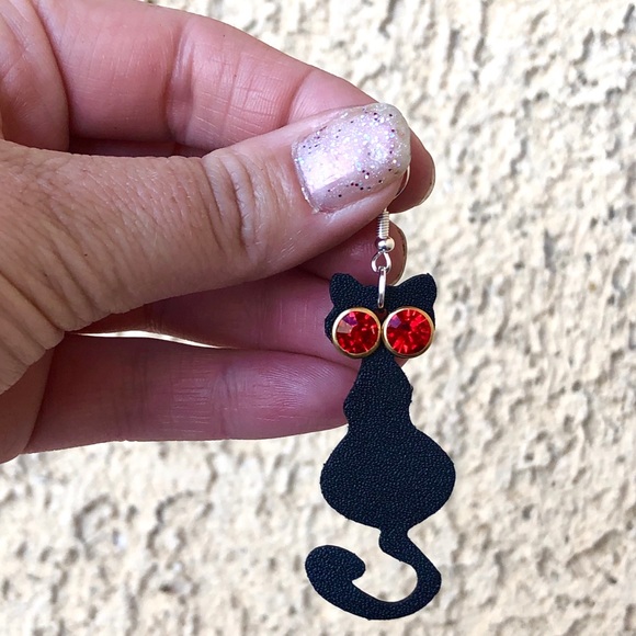 Cat Earrings Vegan Leather Rhinestone Black NEW - Picture 5 of 6